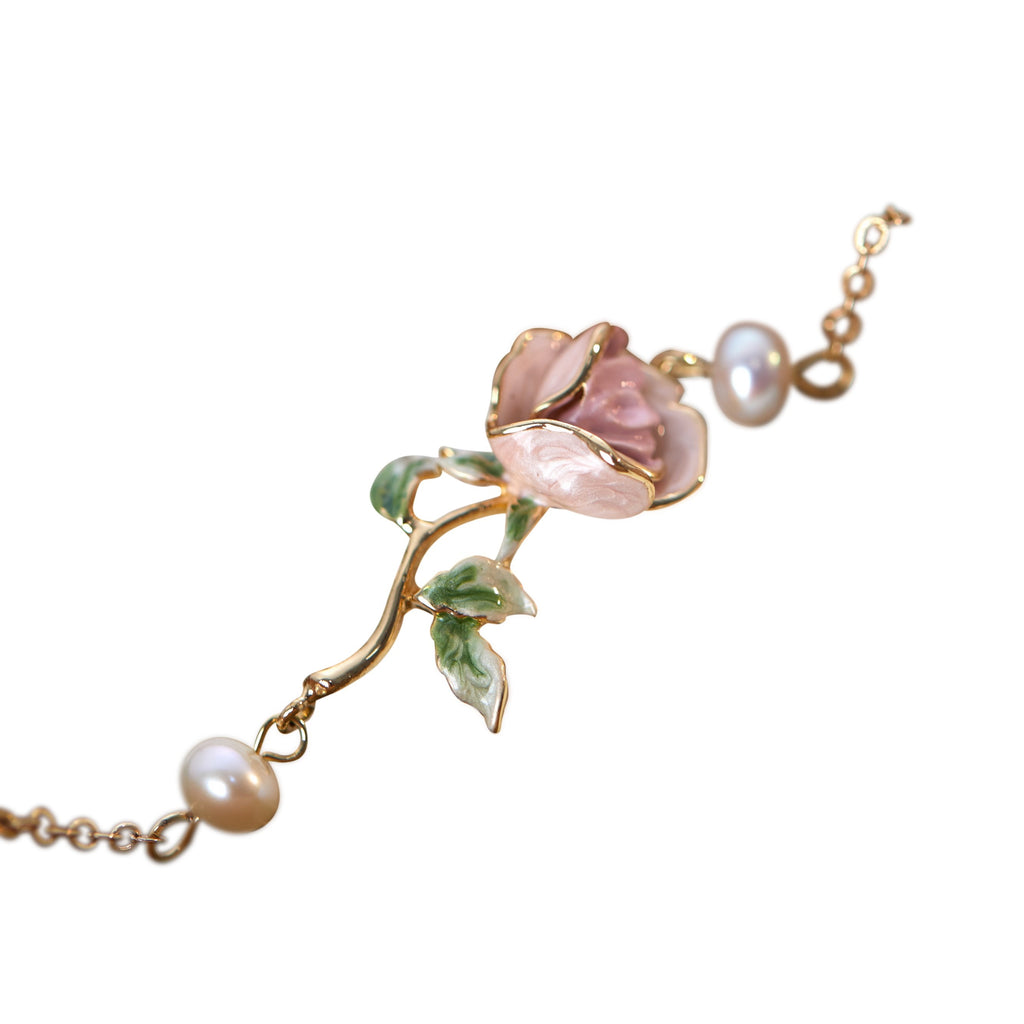 Super Gentle Rose Retro Exquisite Enamel Drip Glazed Brass Gold-plated Pearl Bracelet