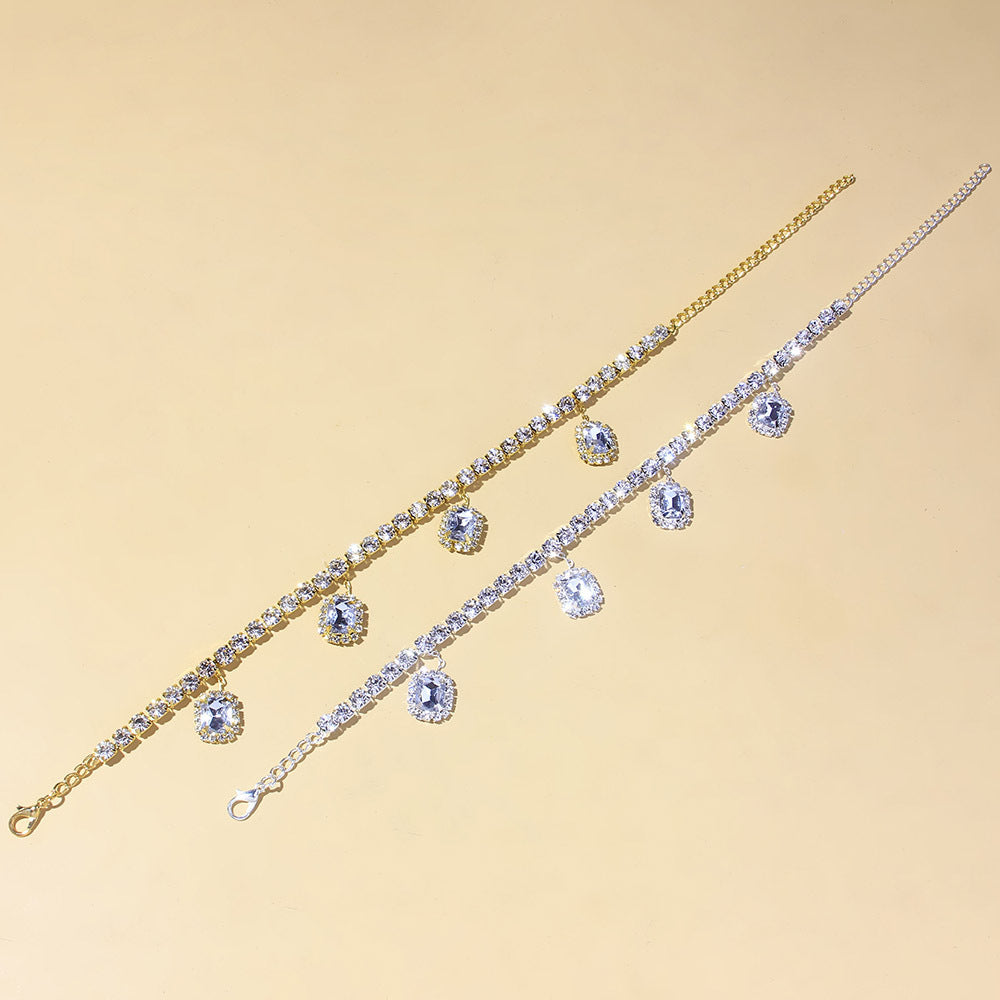 Hot New Square Rhinestone Anklet Fashion Single Row Beach Pendant Anklet European And American Cross-Border Jewelry Anklet