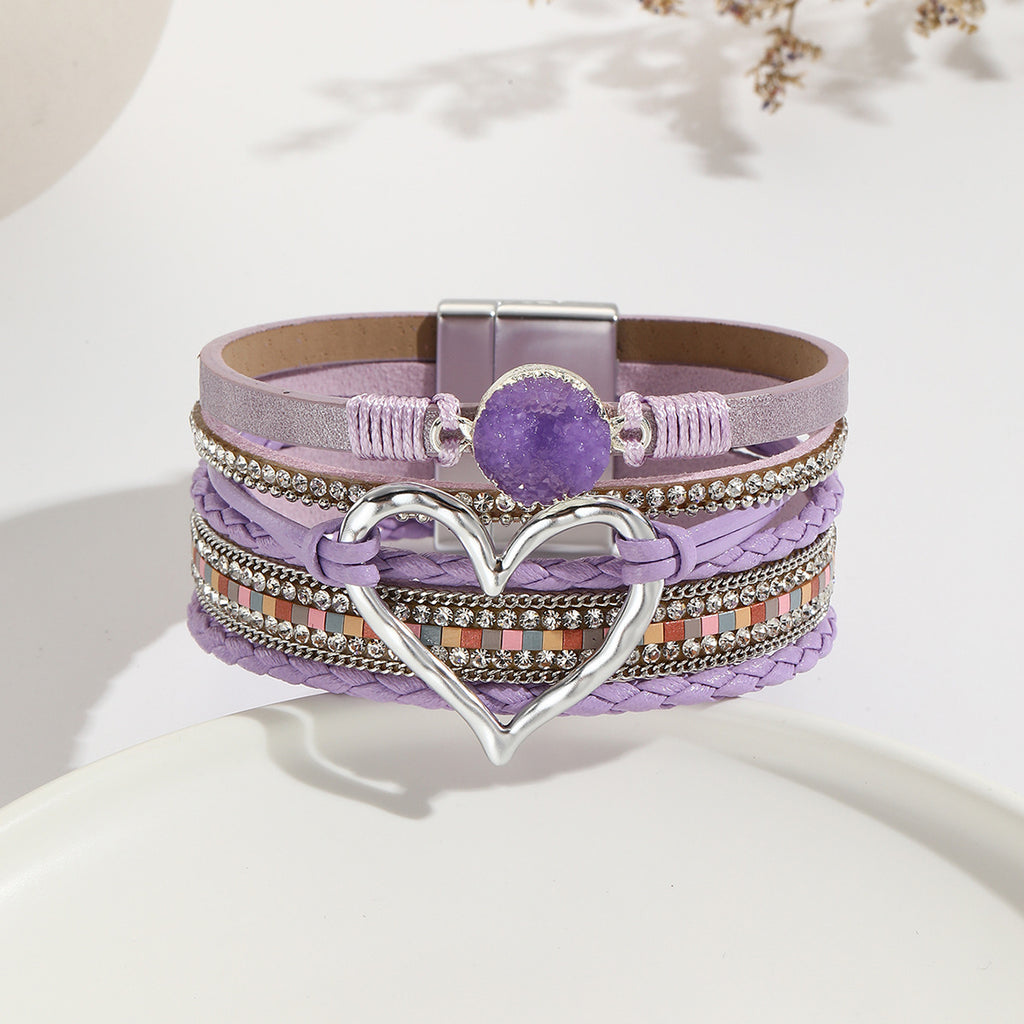 Leather Cord Bracelet Bohemian Multi-layer Rough Stone Love Jewelry For Girls