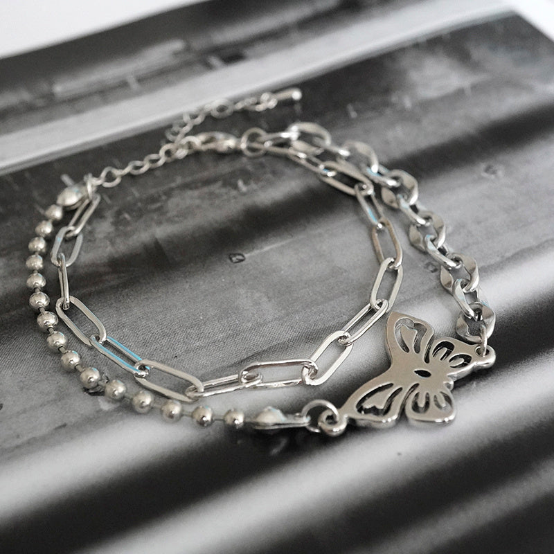 Double Layered Round Bead Chain Hollow Butterfly Stitching Bracelet Hand Jewelry