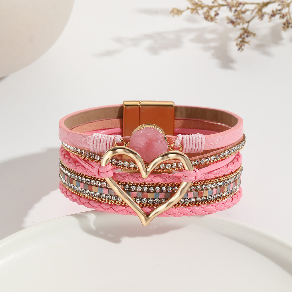 Leather Cord Bracelet Bohemian Multi-layer Rough Stone Love Jewelry For Girls