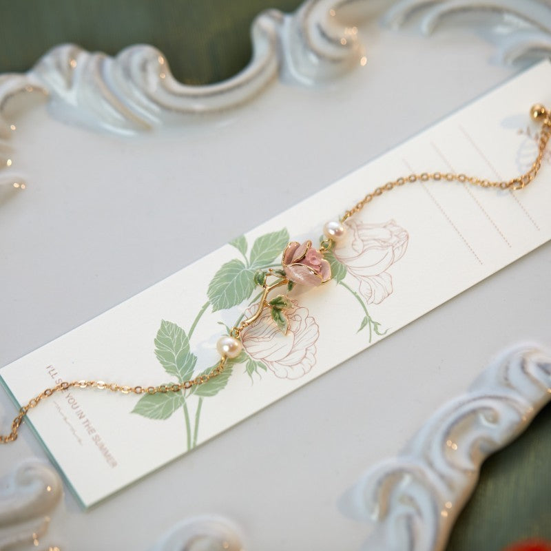 Super Gentle Rose Retro Exquisite Enamel Drip Glazed Brass Gold-plated Pearl Bracelet