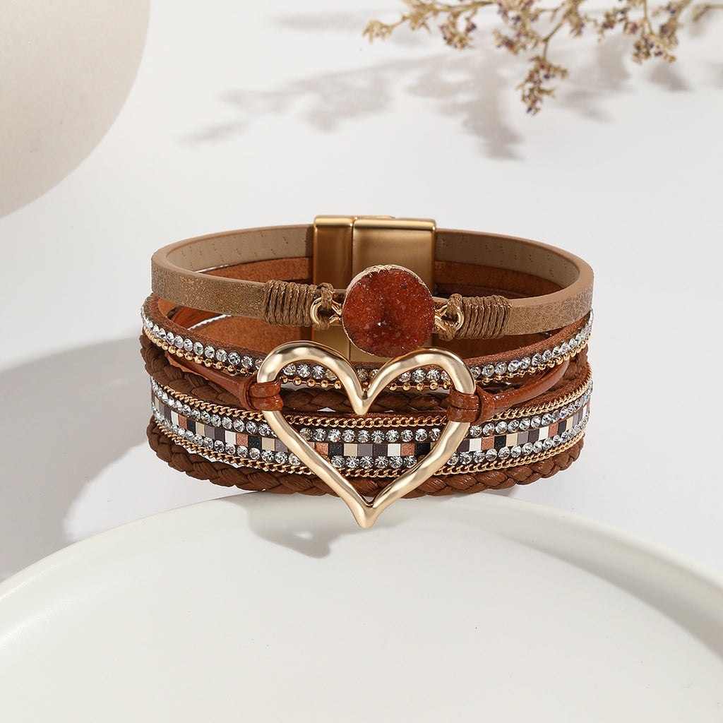 Leather Cord Bracelet Bohemian Multi-layer Rough Stone Love Jewelry For Girls