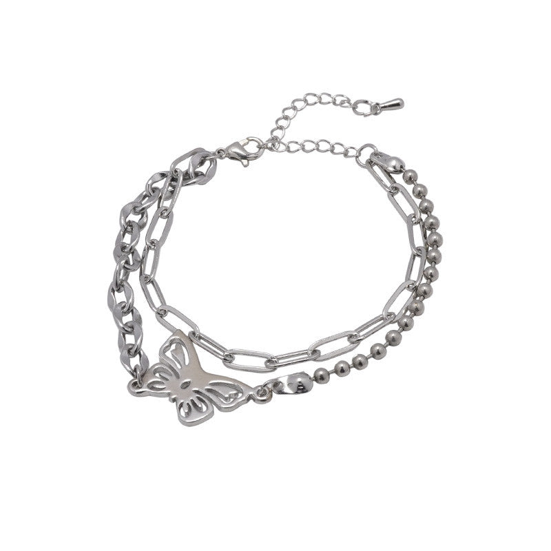 Double Layered Round Bead Chain Hollow Butterfly Stitching Bracelet Hand Jewelry