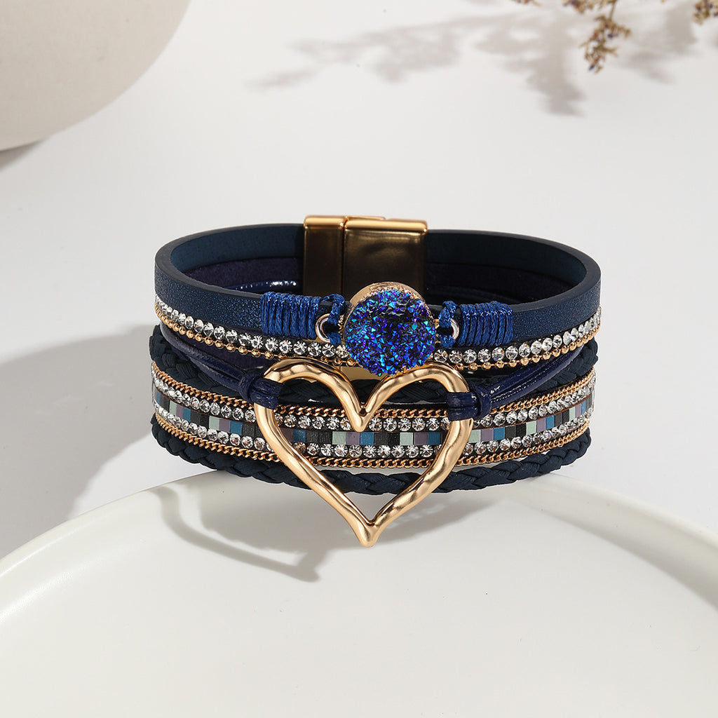 Leather Cord Bracelet Bohemian Multi-layer Rough Stone Love Jewelry For Girls