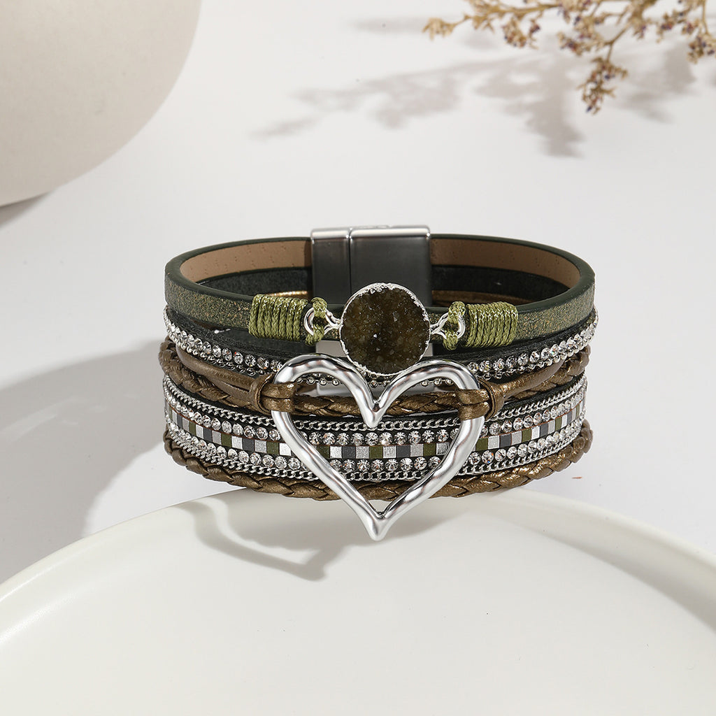 Leather Cord Bracelet Bohemian Multi-layer Rough Stone Love Jewelry For Girls