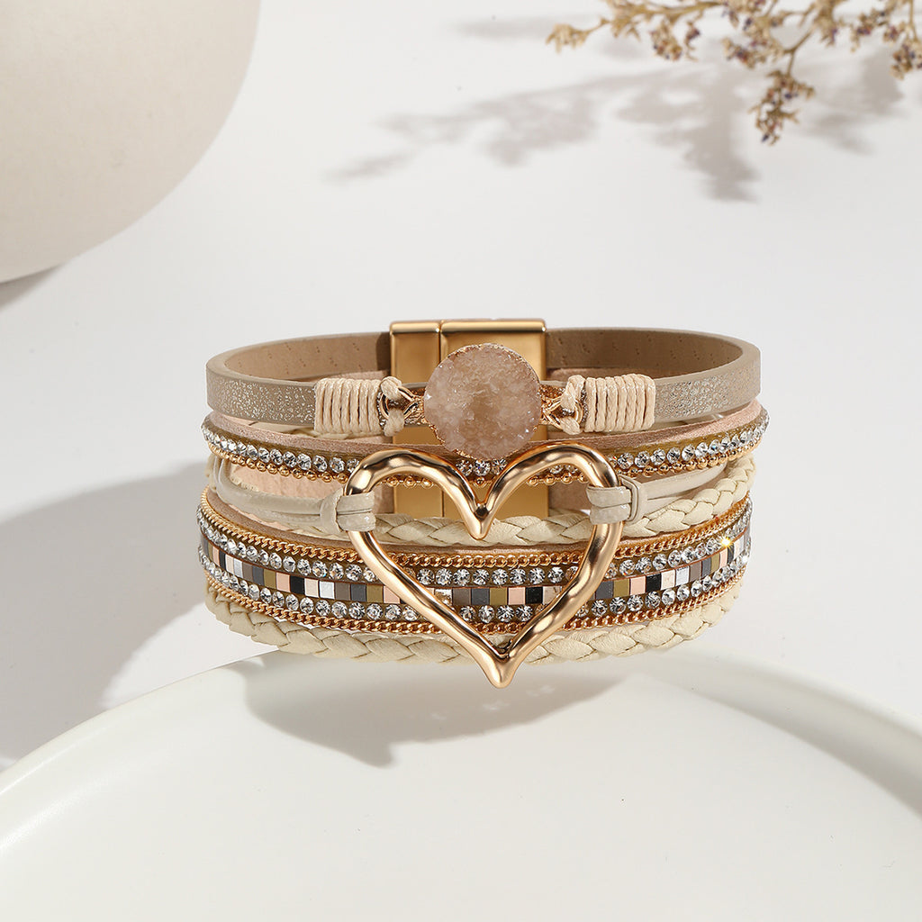 Leather Cord Bracelet Bohemian Multi-layer Rough Stone Love Jewelry For Girls