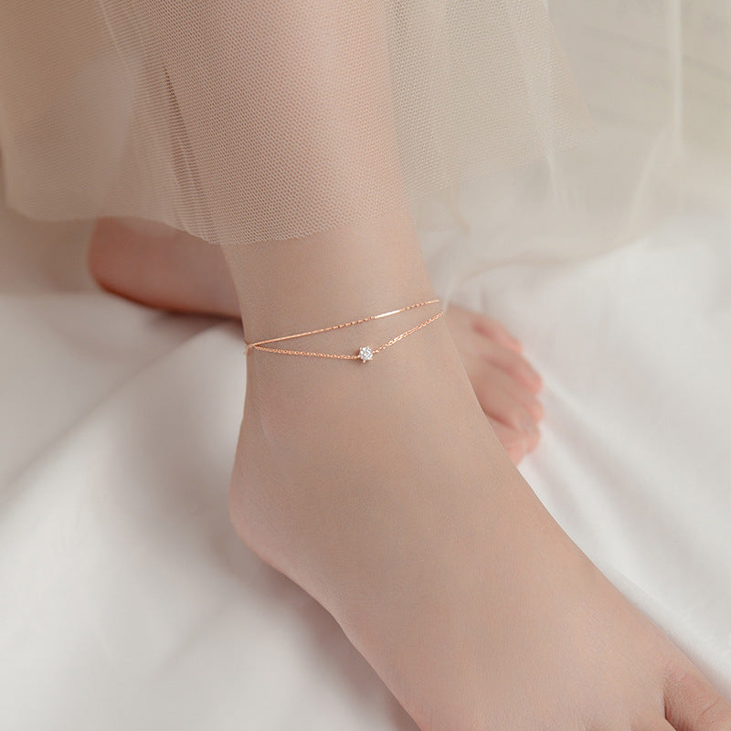 Korean Temperament Sweet Double Layer Six Claws Single Diamond Snake Bone Chain Foot Jewelry