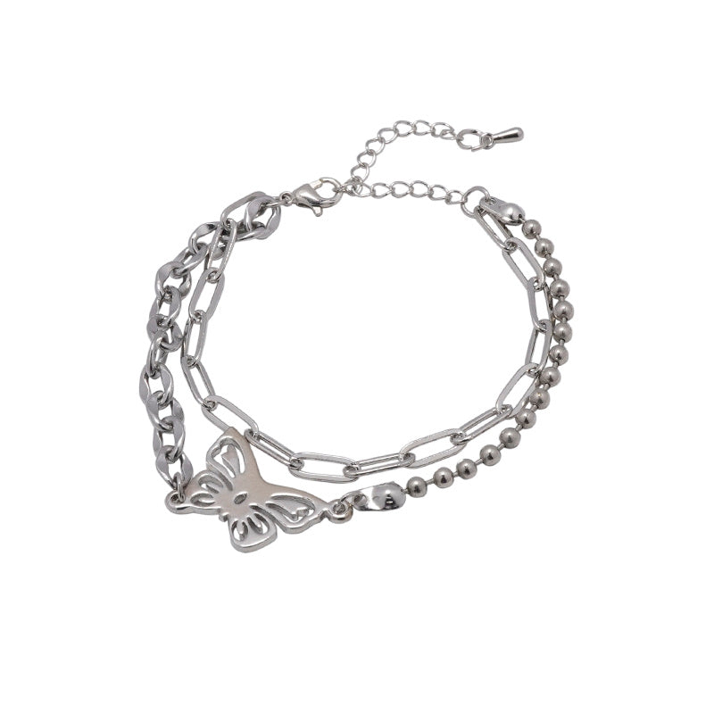 Double Layered Round Bead Chain Hollow Butterfly Stitching Bracelet Hand Jewelry