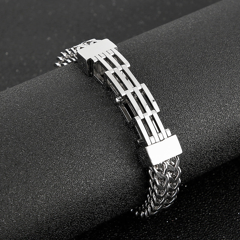 Titanium Steel Men's Bracelet Double-layer Double-row Square Chain Buckle Head Jewelry