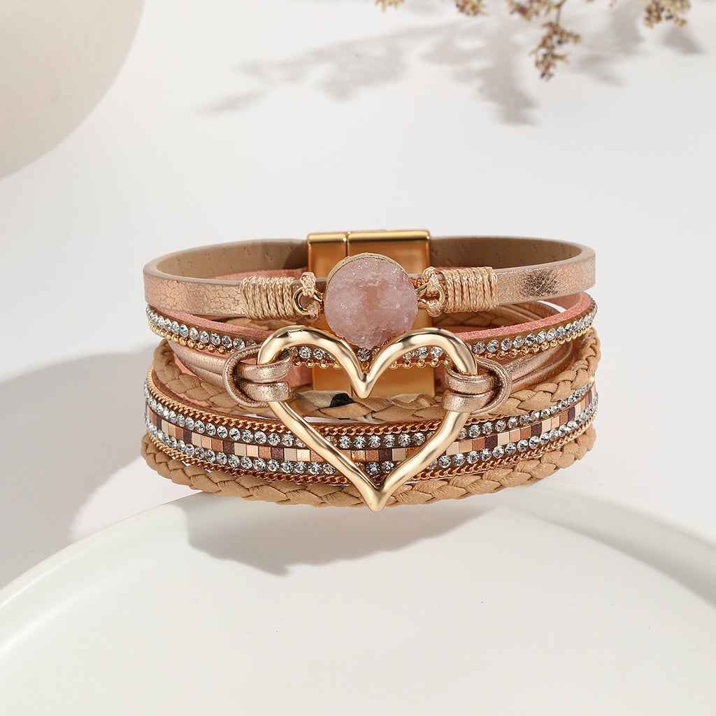 Leather Cord Bracelet Bohemian Multi-layer Rough Stone Love Jewelry For Girls