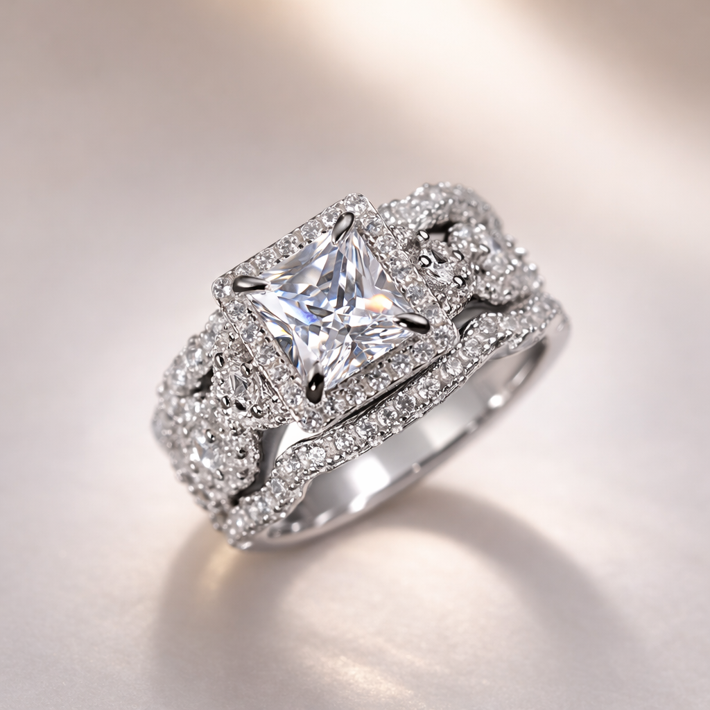 Potiy 3Pcs 925 Sterling Silver Halo Wedding Engagement Ring Set for Women 2.9ct Princess Cut AAAAAA CZ Fashion Jewelry 2 Potiy 3Pcs 925 Sterling Silver Halo Wedding Engagement Ring Set for Women 2.9ct Princess Cut AAAAAA CZ Fashion Jewelry