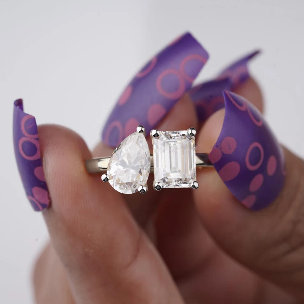 5cttw Pear&Emerald Cut Moissanite Diamond Engagement Rings for Women Two Stone 925 Sterling Silver Wedding Band with Certificate 7 5cttw Pear&Emerald Cut Moissanite Diamond Engagement Rings for Women Two Stone 925 Sterling Silver Wedding Band with Certificate - Image 6