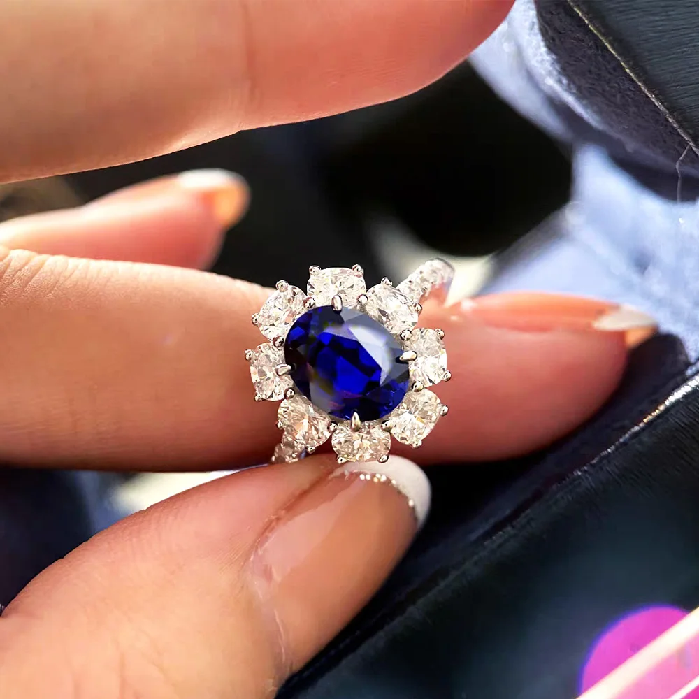 BXINY Certified 2CT Oval Cut Bule Moissanite Ring S925 Silver Sapphire Lab Diamond Halo Wedding Band For Women Fine Jewelry Gift 6 BXINY Certified 2CT Oval Cut Bule Moissanite Ring S925 Silver Sapphire Lab Diamond Halo Wedding Band For Women Fine Jewelry Gift - Image 5