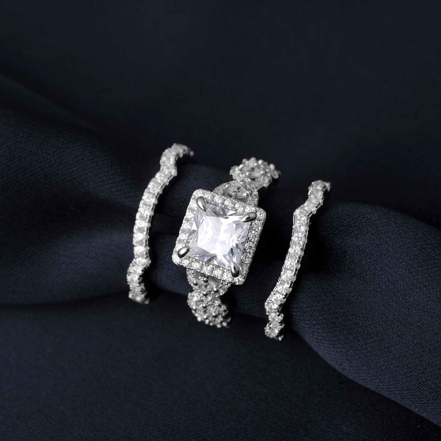 Potiy 3Pcs 925 Sterling Silver Halo Wedding Engagement Ring Set for Women 2.9ct Princess Cut AAAAAA CZ Fashion Jewelry 5 Potiy 3Pcs 925 Sterling Silver Halo Wedding Engagement Ring Set for Women 2.9ct Princess Cut AAAAAA CZ Fashion Jewelry - Image 4