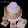 GZJPEI Shiny White Zircon Jewelry Set Italy Nigeria Wedding Jewellery 18K Gold Plated Big Necklace Bracelet Long Drop Earring