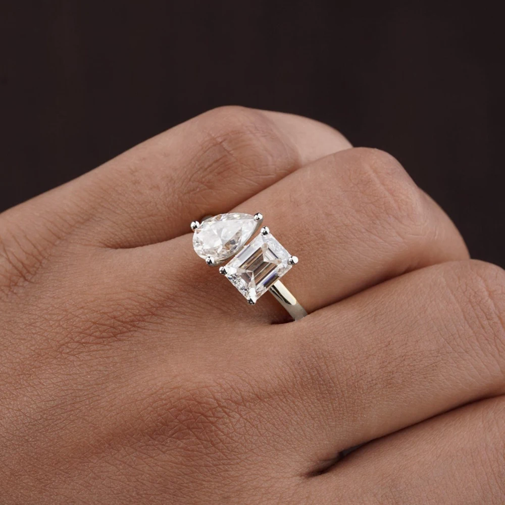 5cttw Pear&Emerald Cut Moissanite Diamond Engagement Rings for Women Two Stone 925 Sterling Silver Wedding Band with Certificate 6 5cttw Pear&Emerald Cut Moissanite Diamond Engagement Rings for Women Two Stone 925 Sterling Silver Wedding Band with Certificate - Image 5