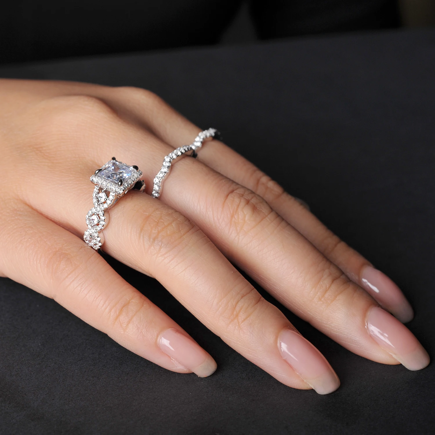 Potiy 3Pcs 925 Sterling Silver Halo Wedding Engagement Ring Set for Women 2.9ct Princess Cut AAAAAA CZ Fashion Jewelry 3 Potiy 3Pcs 925 Sterling Silver Halo Wedding Engagement Ring Set for Women 2.9ct Princess Cut AAAAAA CZ Fashion Jewelry - Image 2