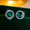 Luxury Male Female Crystal Purple Blue Green Round Stud Earrings Silver Color Wedding Jewelry For Women Men
