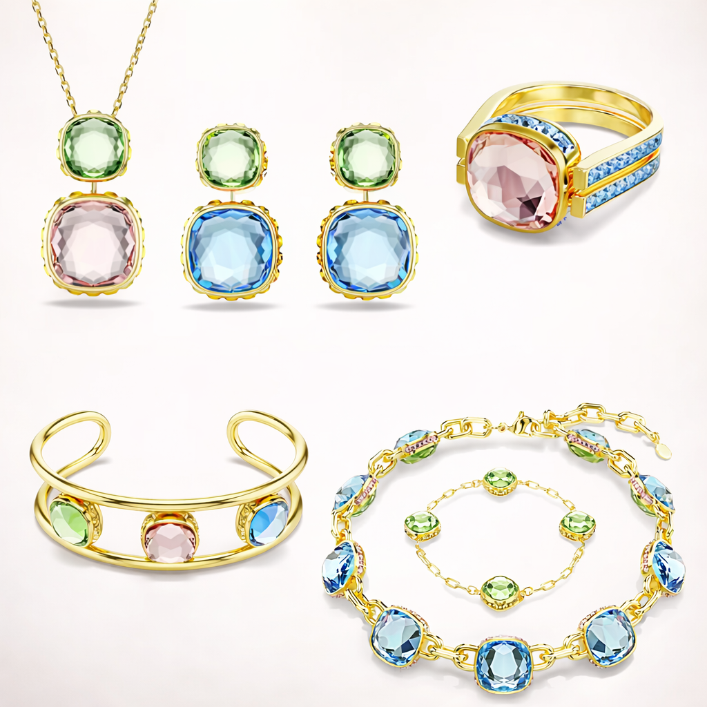 Original 2025 Fine Jewelry Set for Women Green Crystal Pink Crystal Geometric Bracelet Octagonal Cut Crystal Romantic Gift 2 Original 2025 Fine Jewelry Set for Women Green Crystal Pink Crystal Geometric Bracelet Octagonal Cut Crystal Romantic Gift